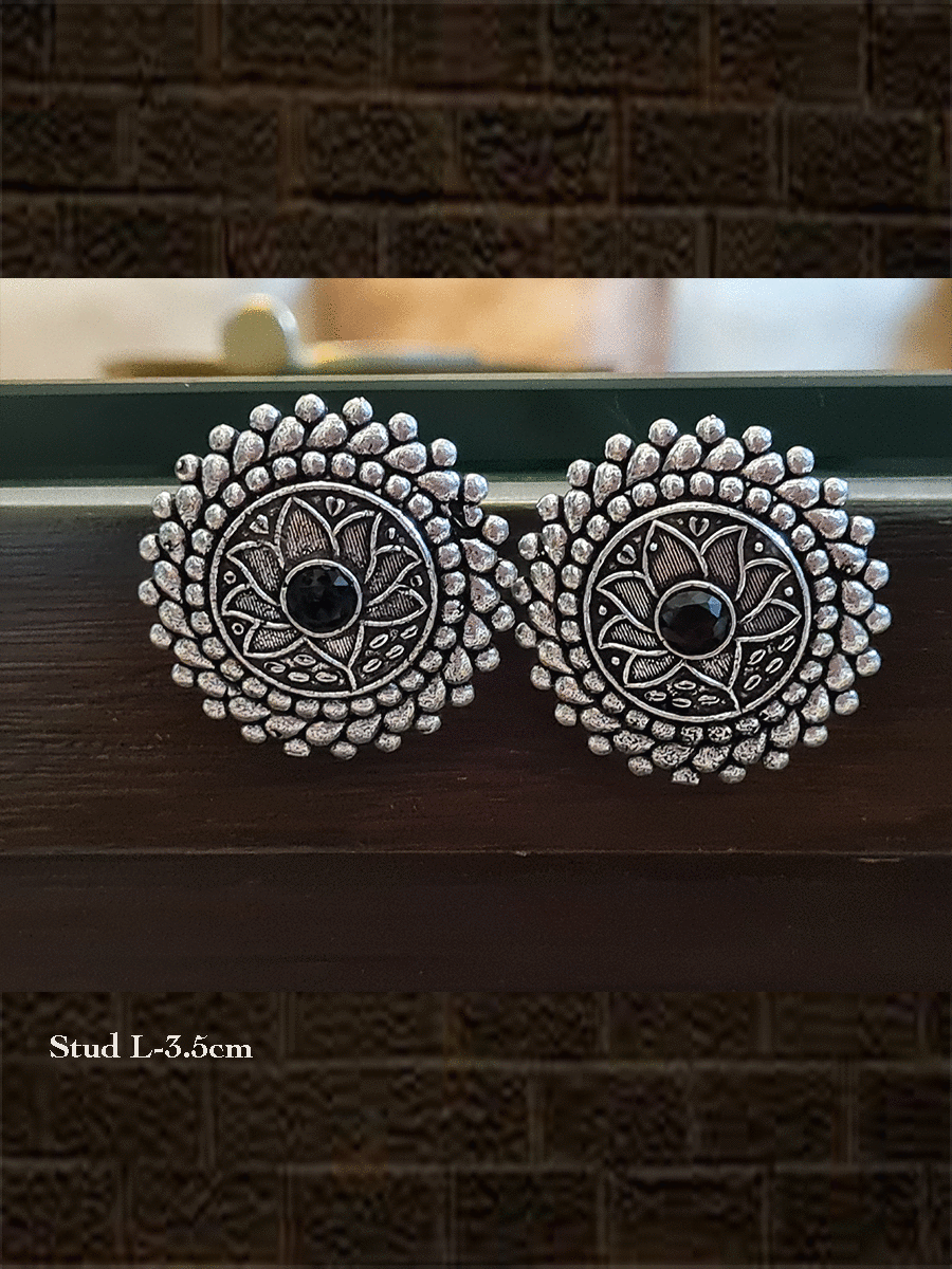 Round lotus design german silver studs - Odara Jewellery