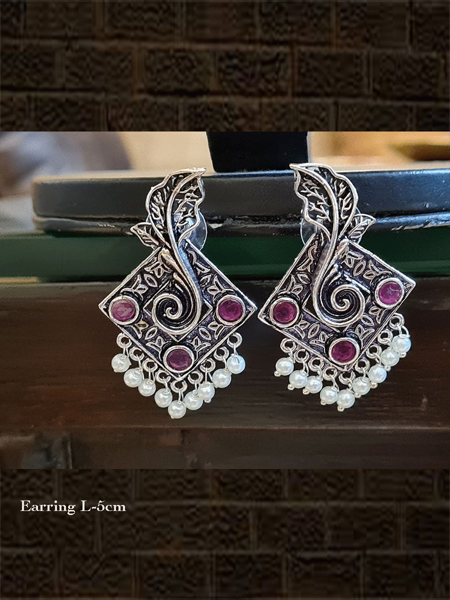 Leaf in square shaped german silver earrings with stones and pearl drops - Odara Jewellery