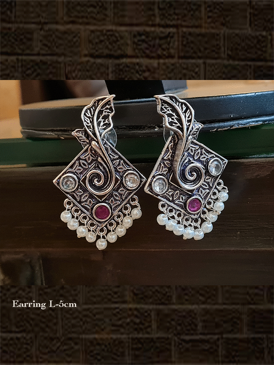 Leaf in square shaped german silver earrings with stones and pearl drops - Odara Jewellery