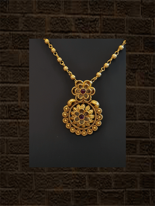 Small flower design ruby stone pendant in single chain with studs - Odara Jewellery