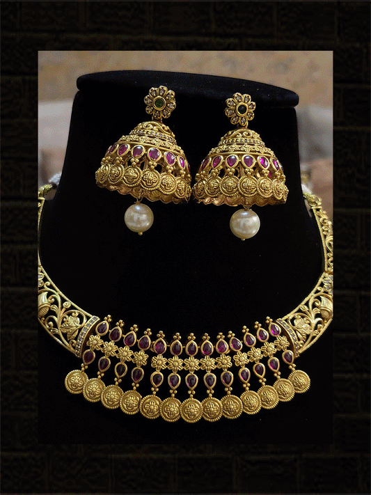 Intricate carving on side of ruby stones and hanging circular coins design set - Odara Jewellery