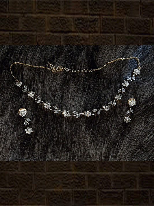 Flower and leaf design delicate AD set in gold finish - Odara Jewellery