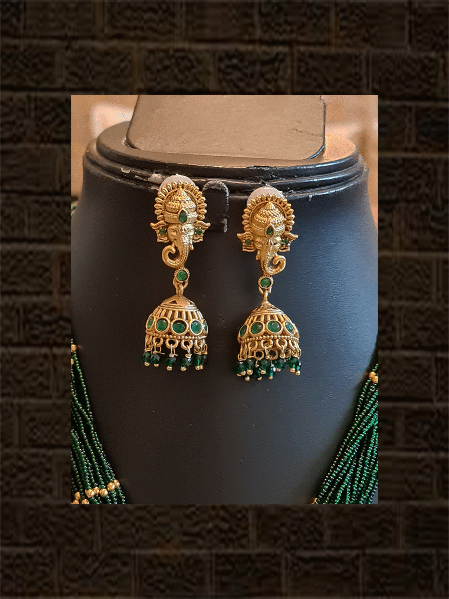 Multiple green strings ganpatiji pendant set with ganpatiji top jhoomki - Odara Jewellery