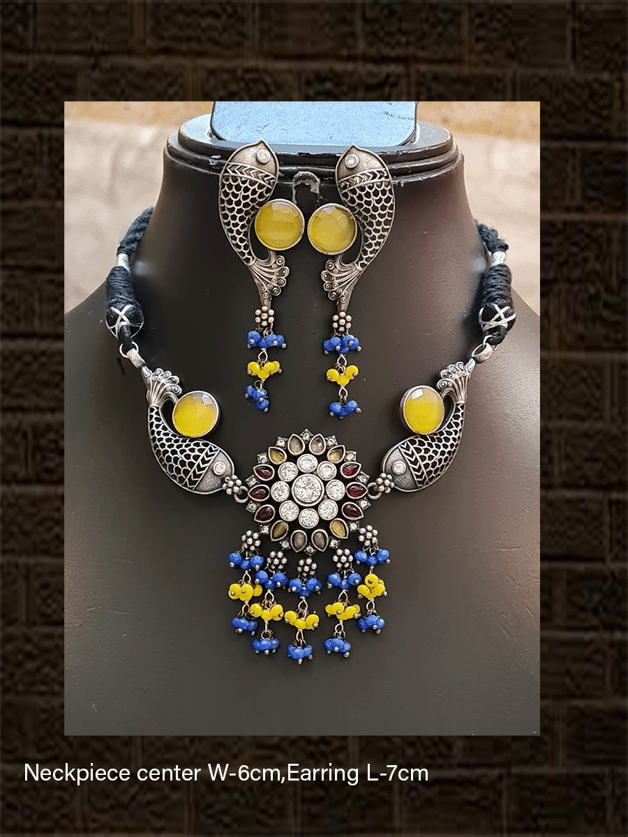 German silver stones studded fish design set with black thread dori - Odara Jewellery