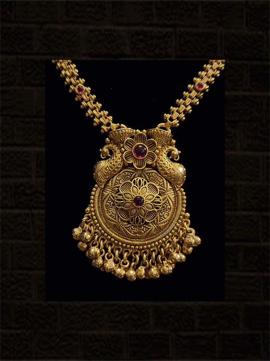 Ruby stone studded pendant set with self flower and peacock design with ghunghru hangings - Odara Jewellery