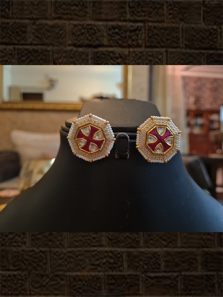 Broad chain strap with both side pirohi with white enamel and ruby octagon shaped center tukdi - Odara Jewellery