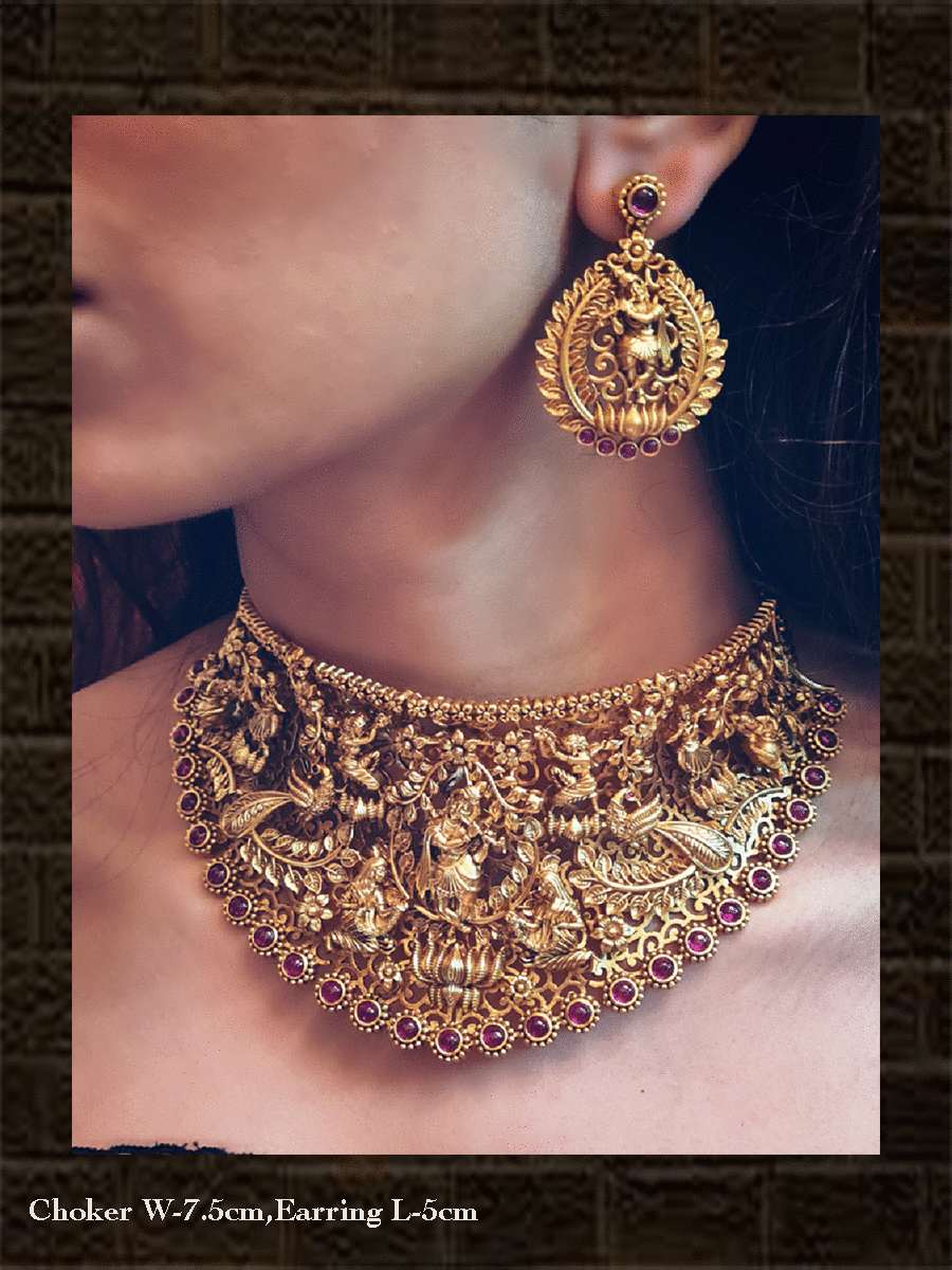 Broad ruby stone embedded krishnaji motif intricate carving set with peacocks and nrityangna's - Odara Jewellery