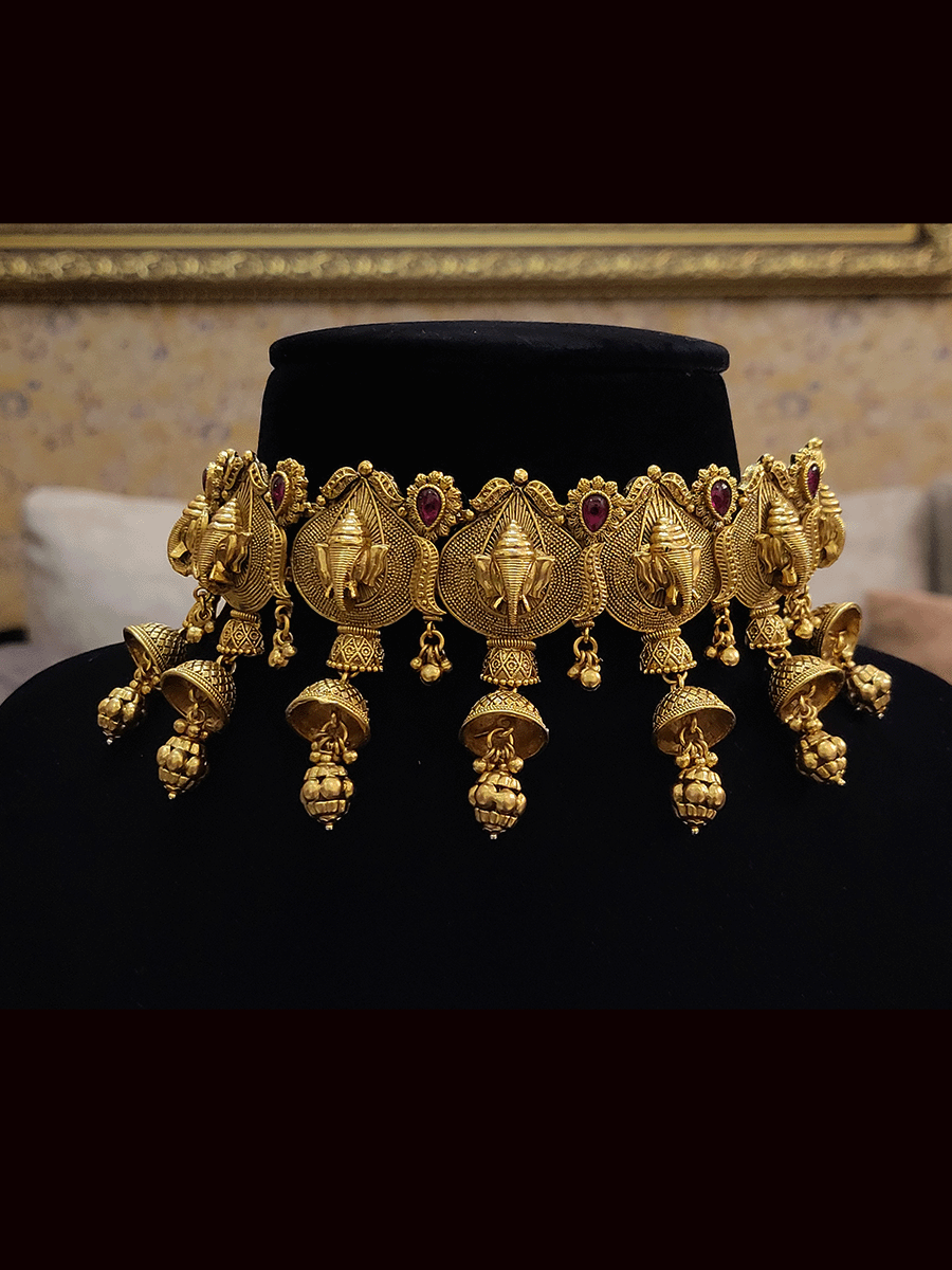 Ganpatiji choker set with jhoomki hangings with ruby stones