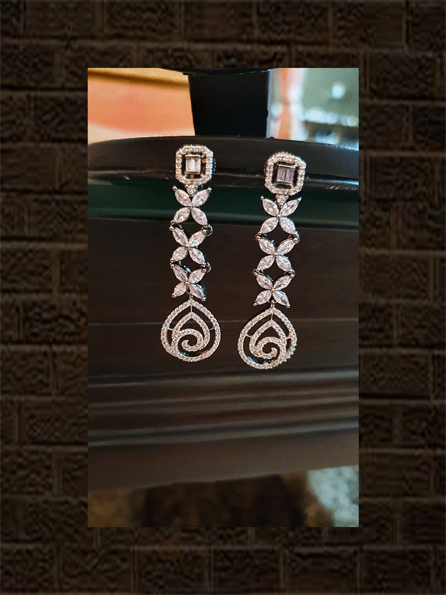 Marquise and baguette setting AD black finish set with hanging spiral AD loops - Odara Jewellery