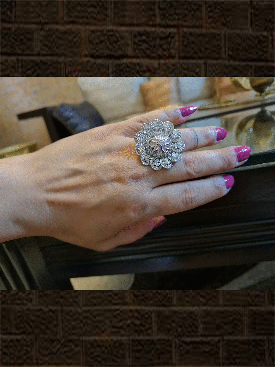 White finish flower design AD ring with light pink stone flower in the center - Odara Jewellery