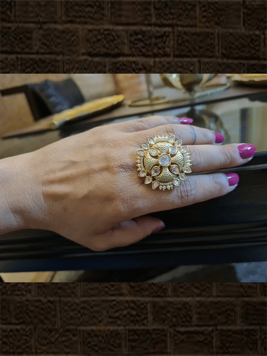 Enamel work kundan and AD adjustable ring with tear drop kundan outline - Odara Jewellery