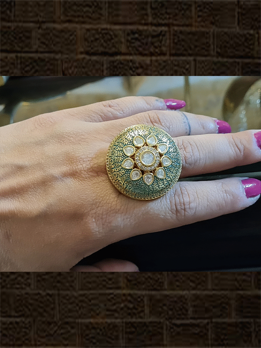 Round disk design ferozi enamel kundan and AD adjustable - Odara Jewellery