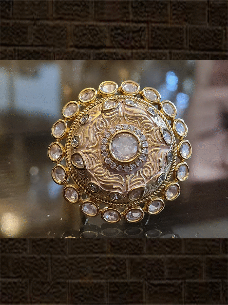 Kundan outline round adjustable ring with AD and enamel work - Odara Jewellery