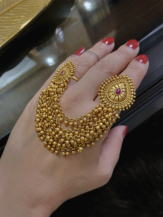 Leaf design double finger ring with five beaded chains - Odara Jewellery