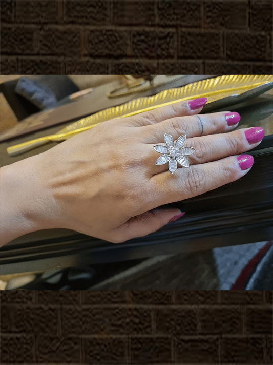 White finish flower design AD ring - Odara Jewellery