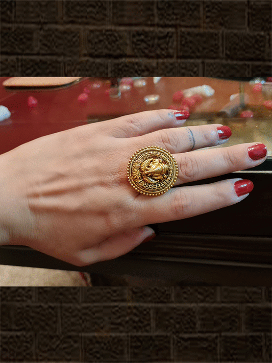 Ganpati ji design round gold finish adjustable ring - Odara Jewellery