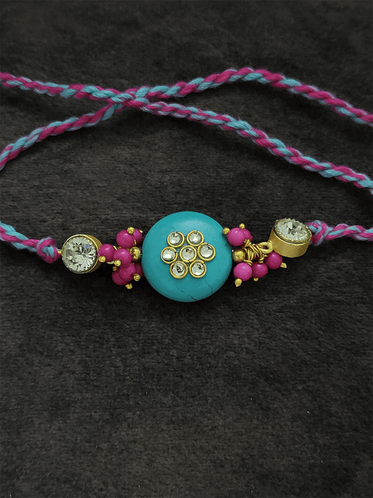 Ferozi round bead with pink pearly cluster white stones rakhi - Odara Jewellery