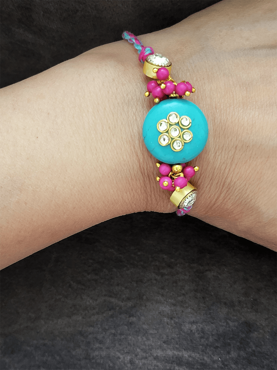 Ferozi round bead with pink pearly cluster white stones rakhi - Odara Jewellery