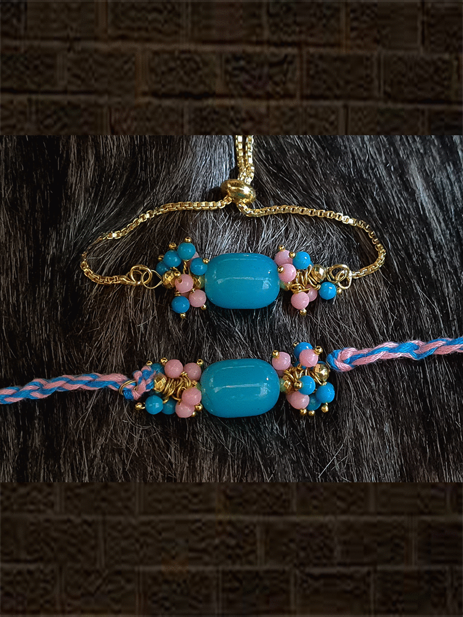 Big blue bead in the center with pearly cluster on sides bhai bhabhi rakhi - Odara Jewellery
