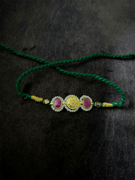 Ruby stone pacchi kundan bhai rakhi with green thread - Odara Jewellery