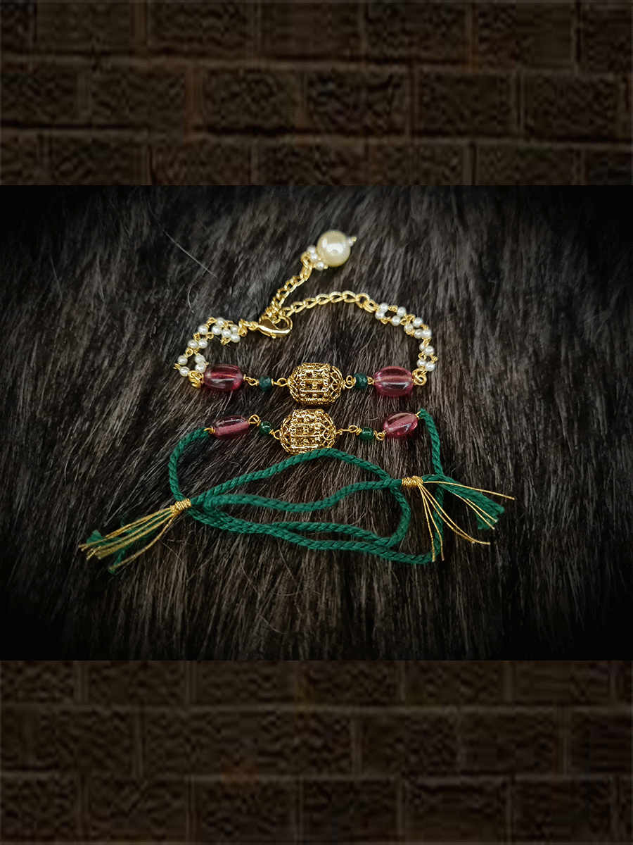 Gold bead with two ruby beads bhai bhabhi rakhi - Odara Jewellery