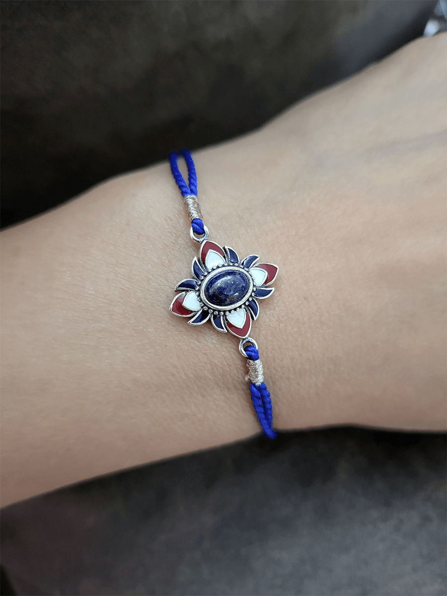 Sterling silver lapis stone white and red enamel flower design rakhi - Odara Jewellery