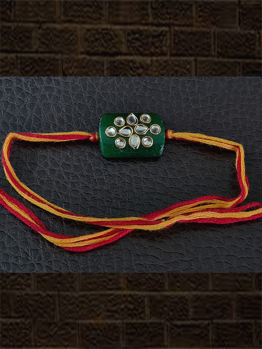 Green rectangular glass bead with Kundan rakhi in mauli - Odara Jewellery