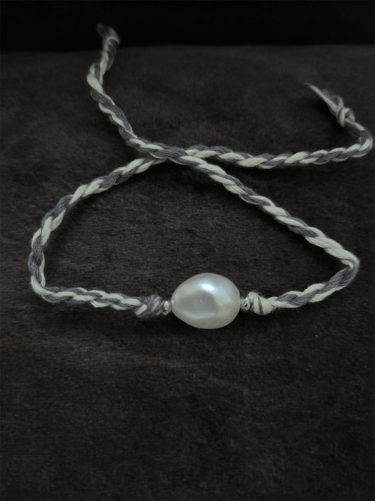 White Baroque bead grey thread rakhi - Odara Jewellery
