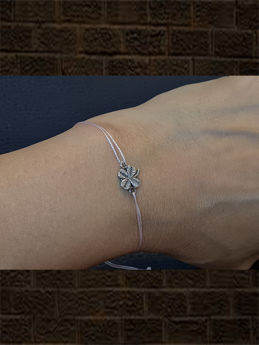 Pink pull on thread oxidised flower design leaf oxidised sterling silver rakhi - Odara Jewellery