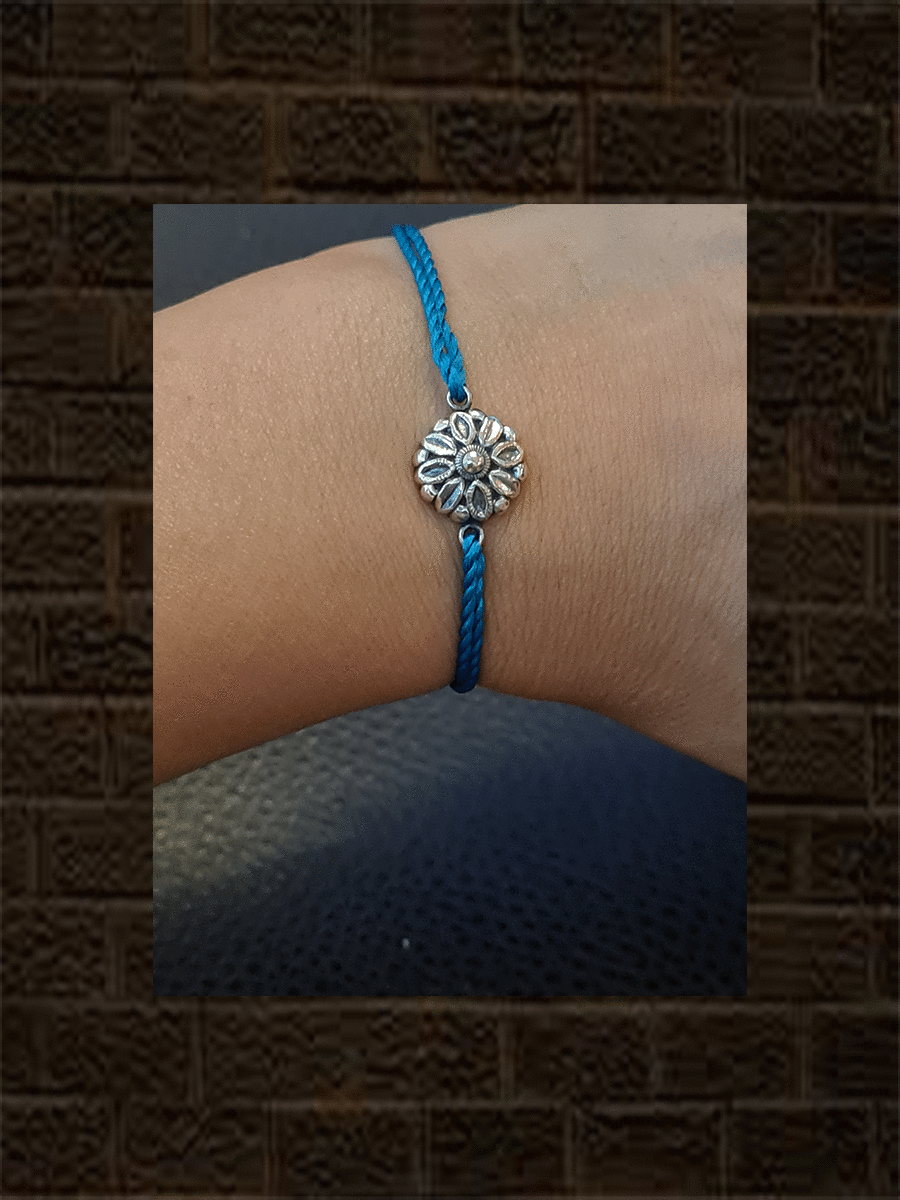 Ferozi thread oxidised flower design sterling silver rakhi - Odara Jewellery