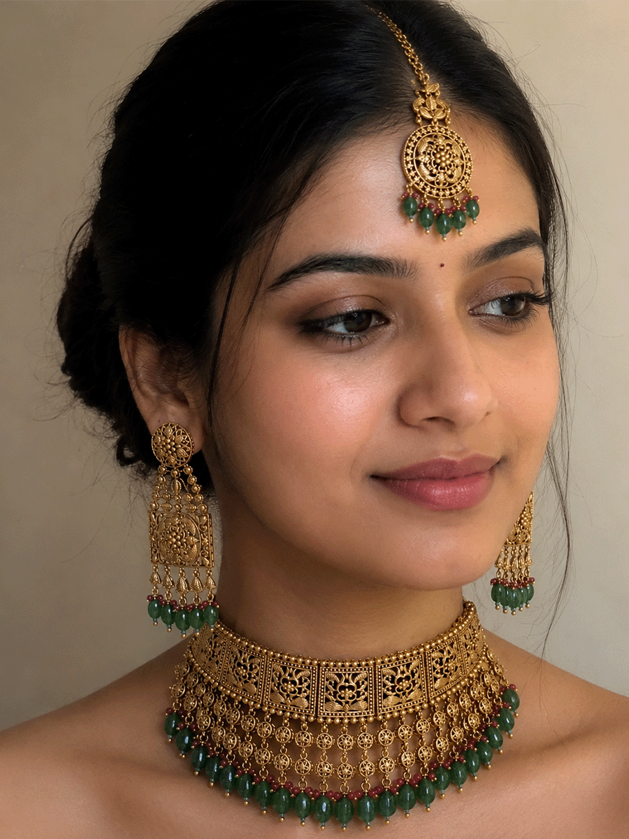 Traditional square design broad choker with hanging tukdies and coloured beads