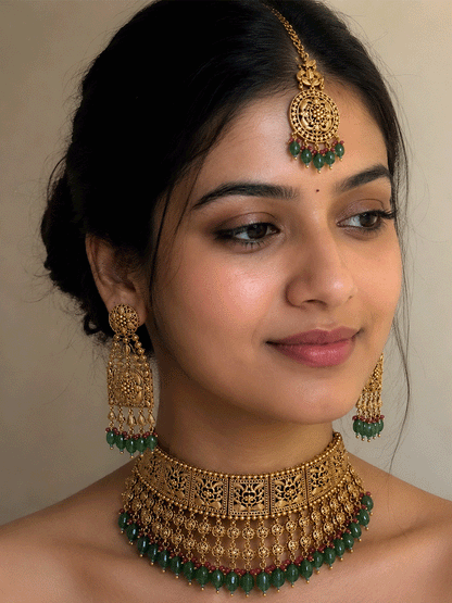 Traditional square design broad choker with hanging tukdies and coloured beads