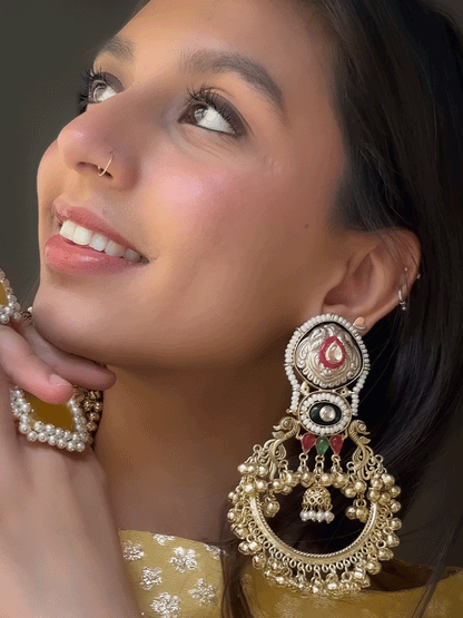 12cm long dual polish kundan and coloured stones pirohi work chandbali earrings