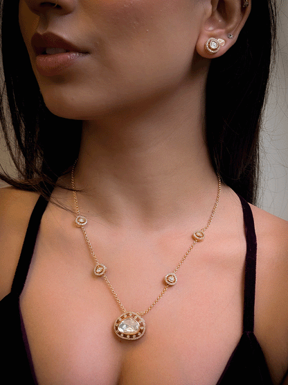 Triangular moissanite and AD pendant set in 9 inch long chain with four triangular tukdies