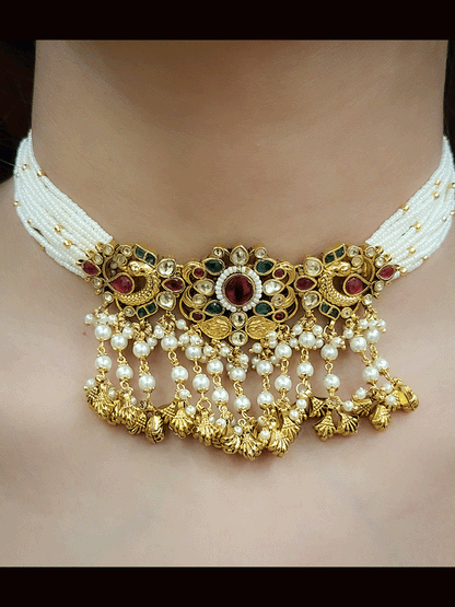Flower center paachi kundan peacock side design side cheed strings set with ghunghru tassels