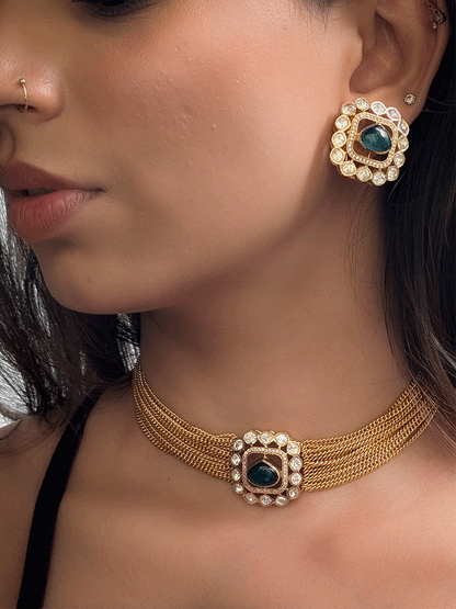 Square tukdi  triangular stone moissanite chik set with multiple chains