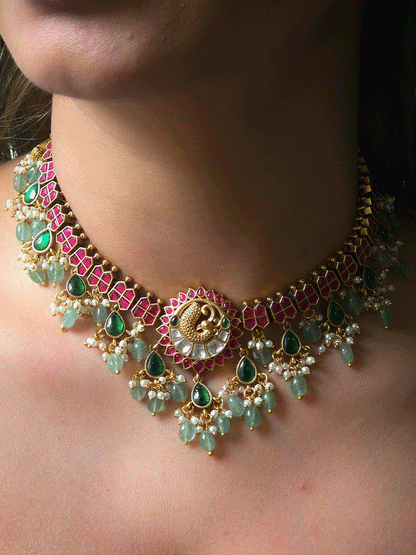 Peacock design center with green tear drop hangings and aqua bead drops paachi kundan set