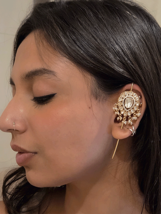 Leaf shaped moissanite earcuff with pearl hangings