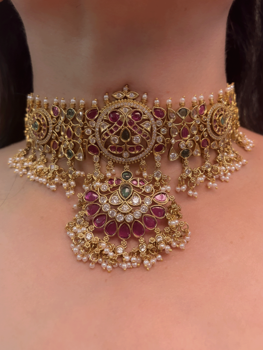 Ruby,green stones and polki studded pearly hangings choker with half ruby stones flower tukdi hanging