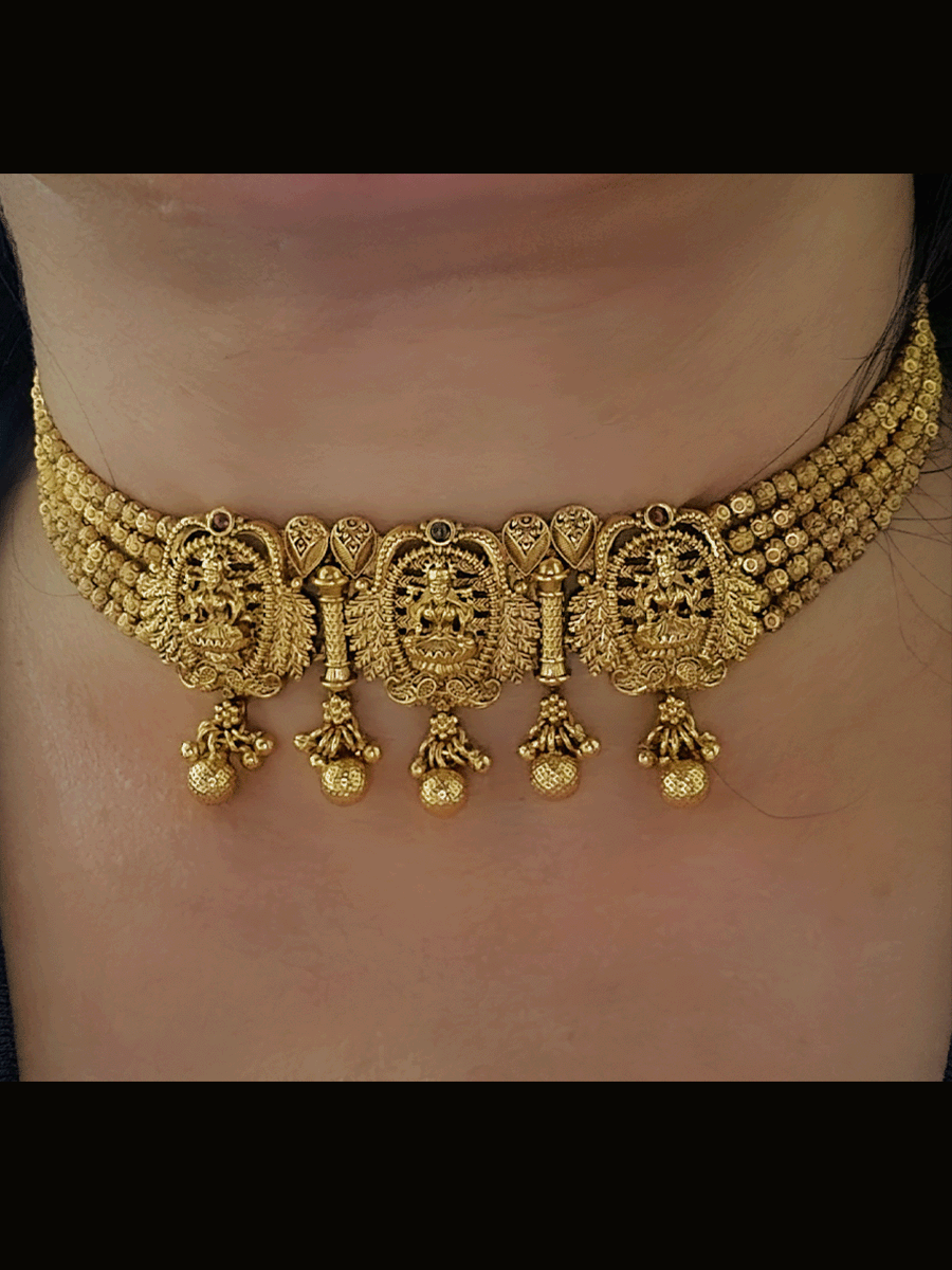 Five gold bead strings set with three laxmiji motif's