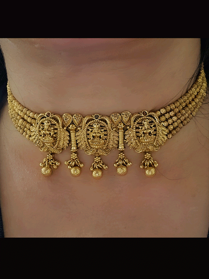Five gold bead strings set with three laxmiji motif's