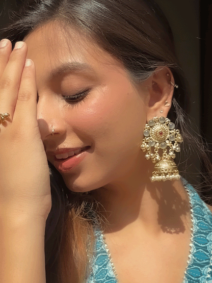 Stone flower top with ghunghru hangings jhoomki earrings