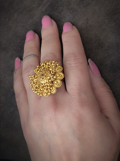 Flower design with ruby stone bead hangings adjustable ring