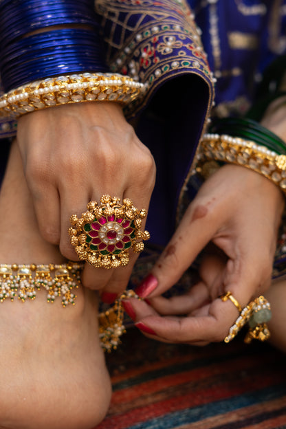 Green and pink paachi kundan adjustable ring with flower engraved ghunghru hangings