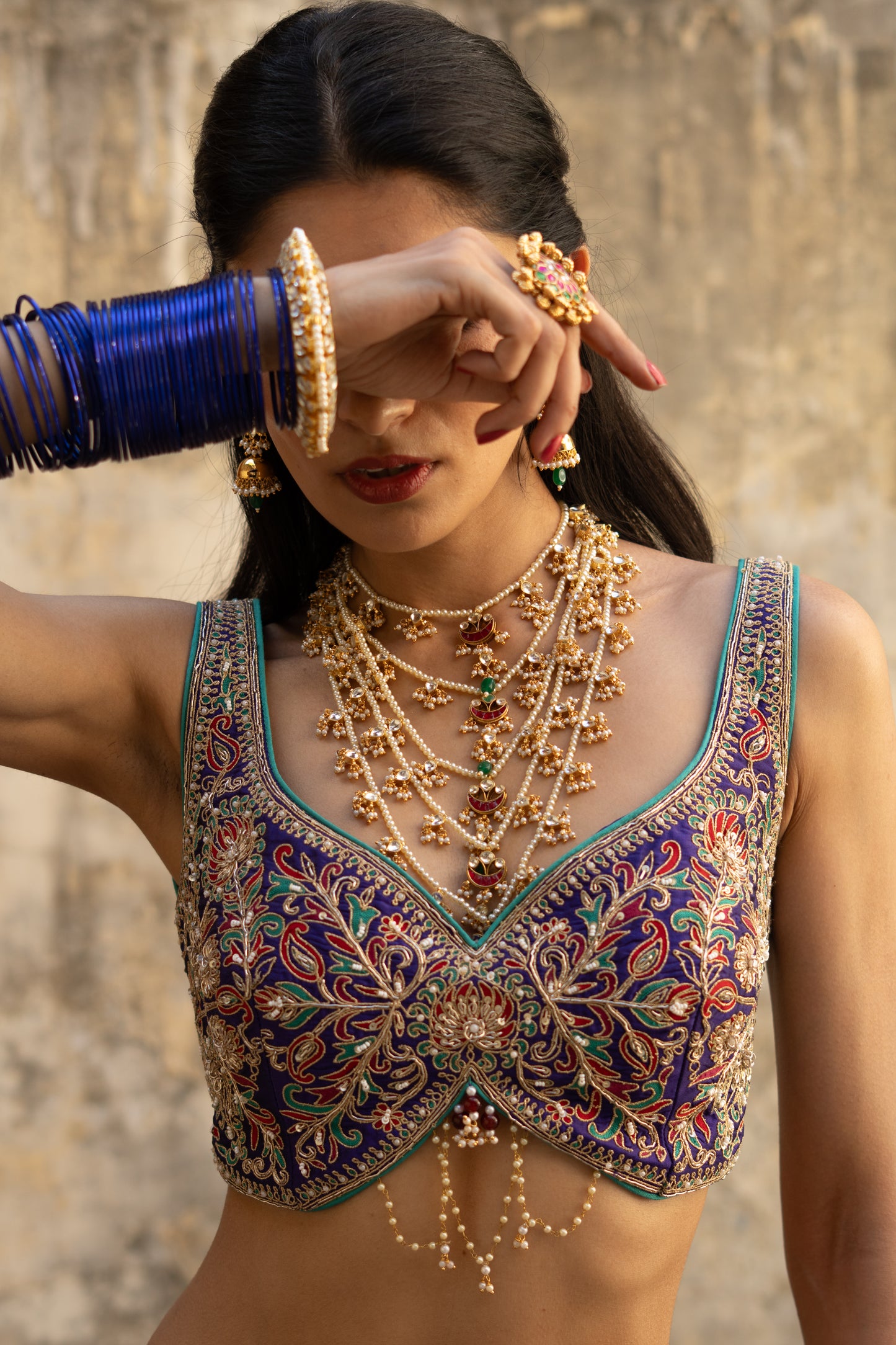 15 inch long five pearl layers paachi kundan tukdies traditional design set