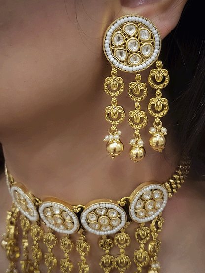 Round kundan tukdies with pirohi work long antique gold tassels set
