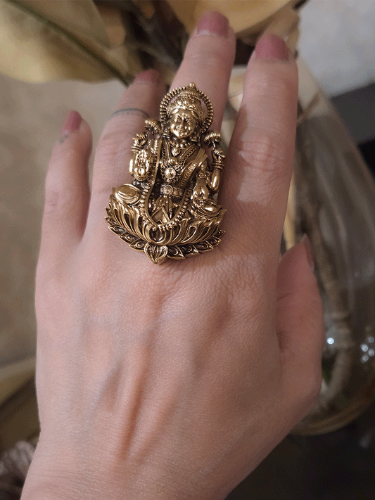 Intricately carved antique gold finish Laxmi ji adjustable ring (Ring L-2.3inches)