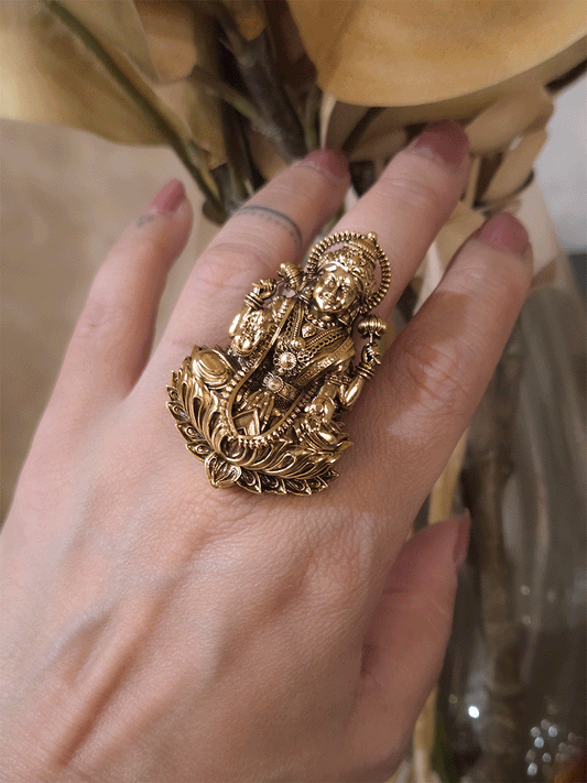 Intricately carved antique gold finish Laxmi ji adjustable ring (Ring L-2.3inches)