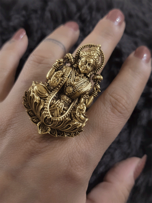 Intricately carved antique gold finish Laxmi ji adjustable ring (Ring L-2.3inches)