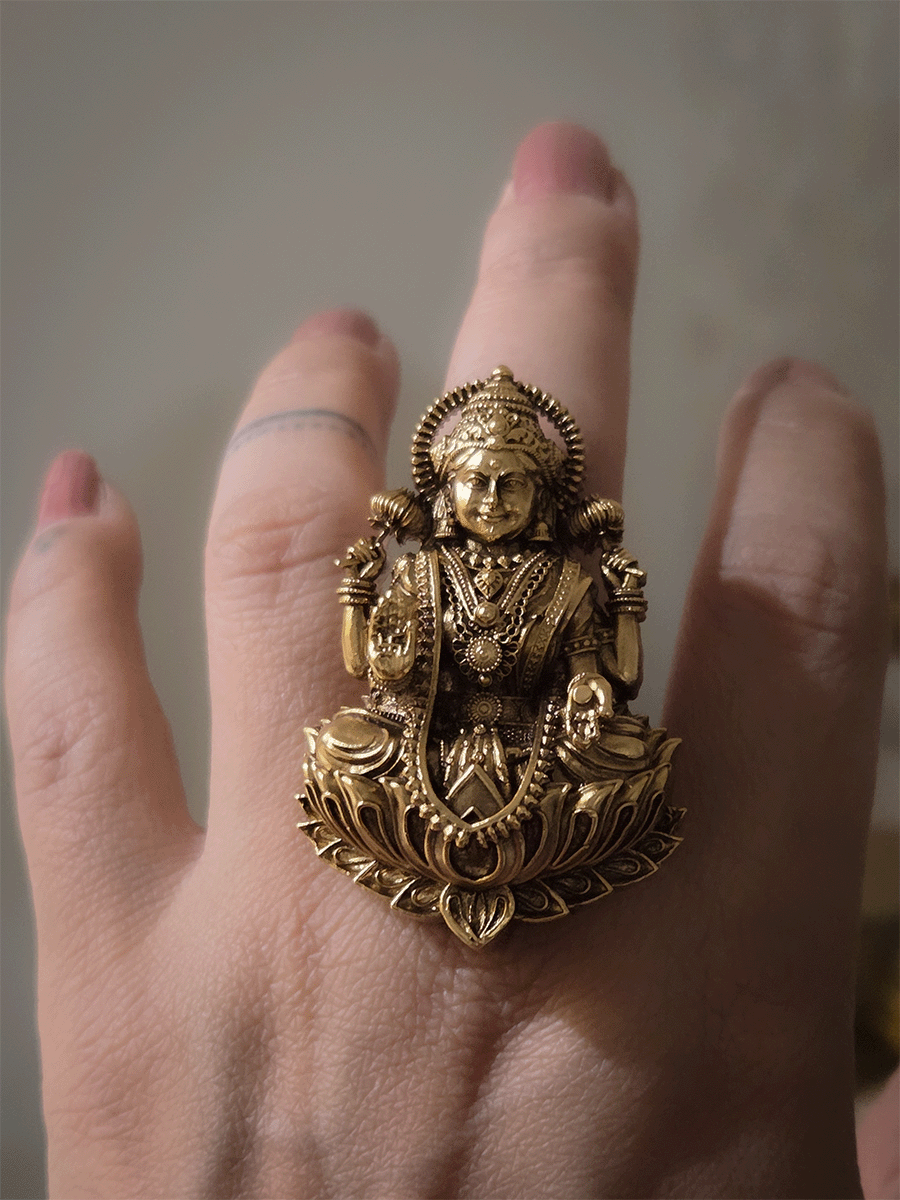 Intricately carved antique gold finish Laxmi ji adjustable ring (Ring L-2.3inches)
